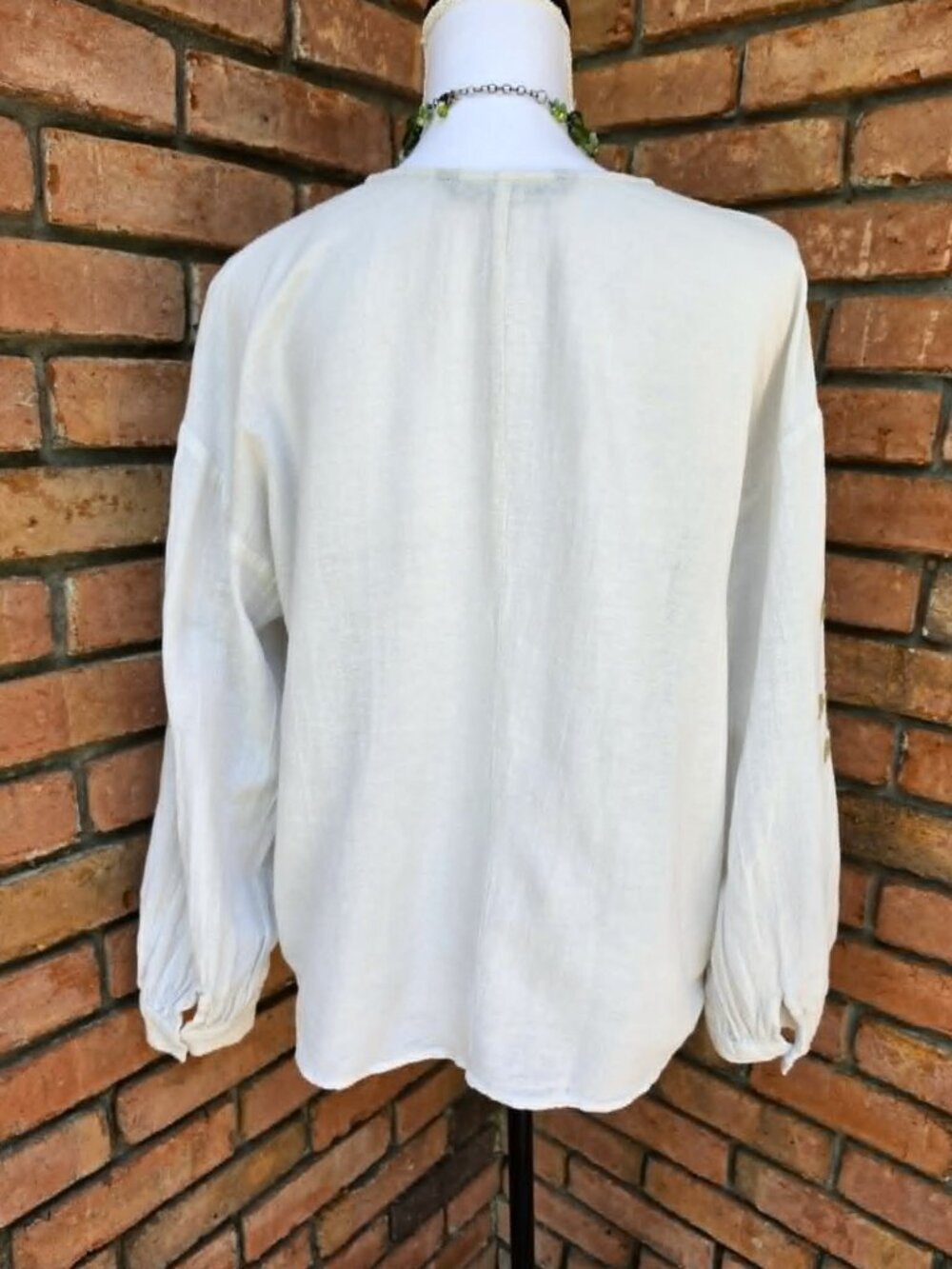 Zara Ivory Embroidered Boho Blouse Olive Green Peasant Top Flowy Sleeve Medium - Picture 5 of 12